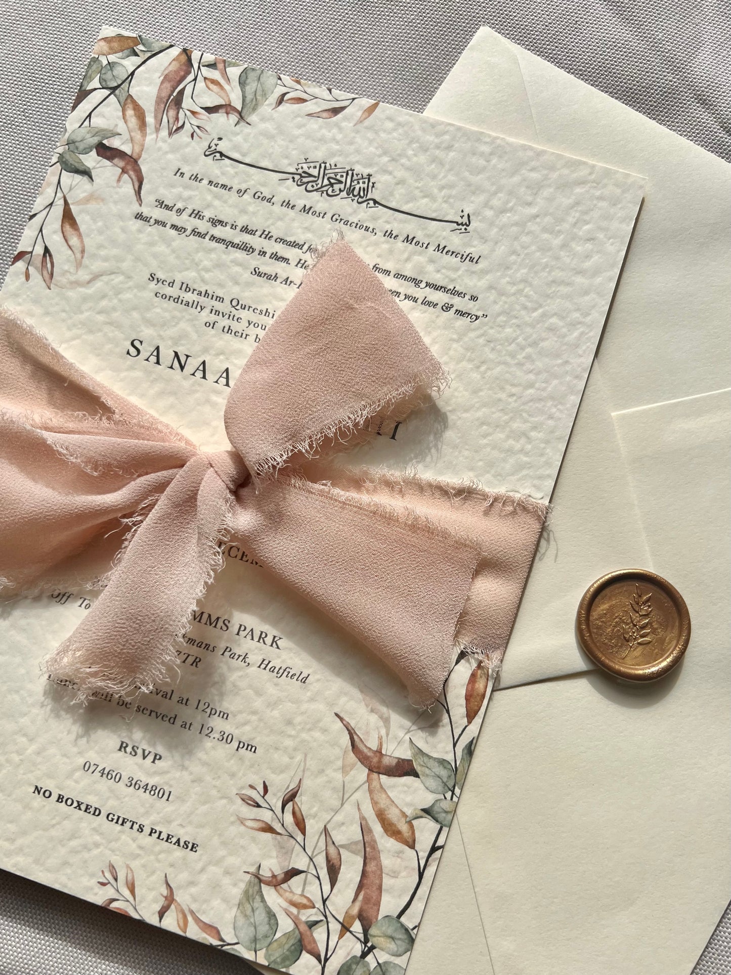 gold invite, gold calligraphy Islamic wedding invitation, floral Nikah invitation design, floral wedding invitation, personalised wedding invite, personalised wedding invitation, custom wedding, custom invitation, Walima invitation cards