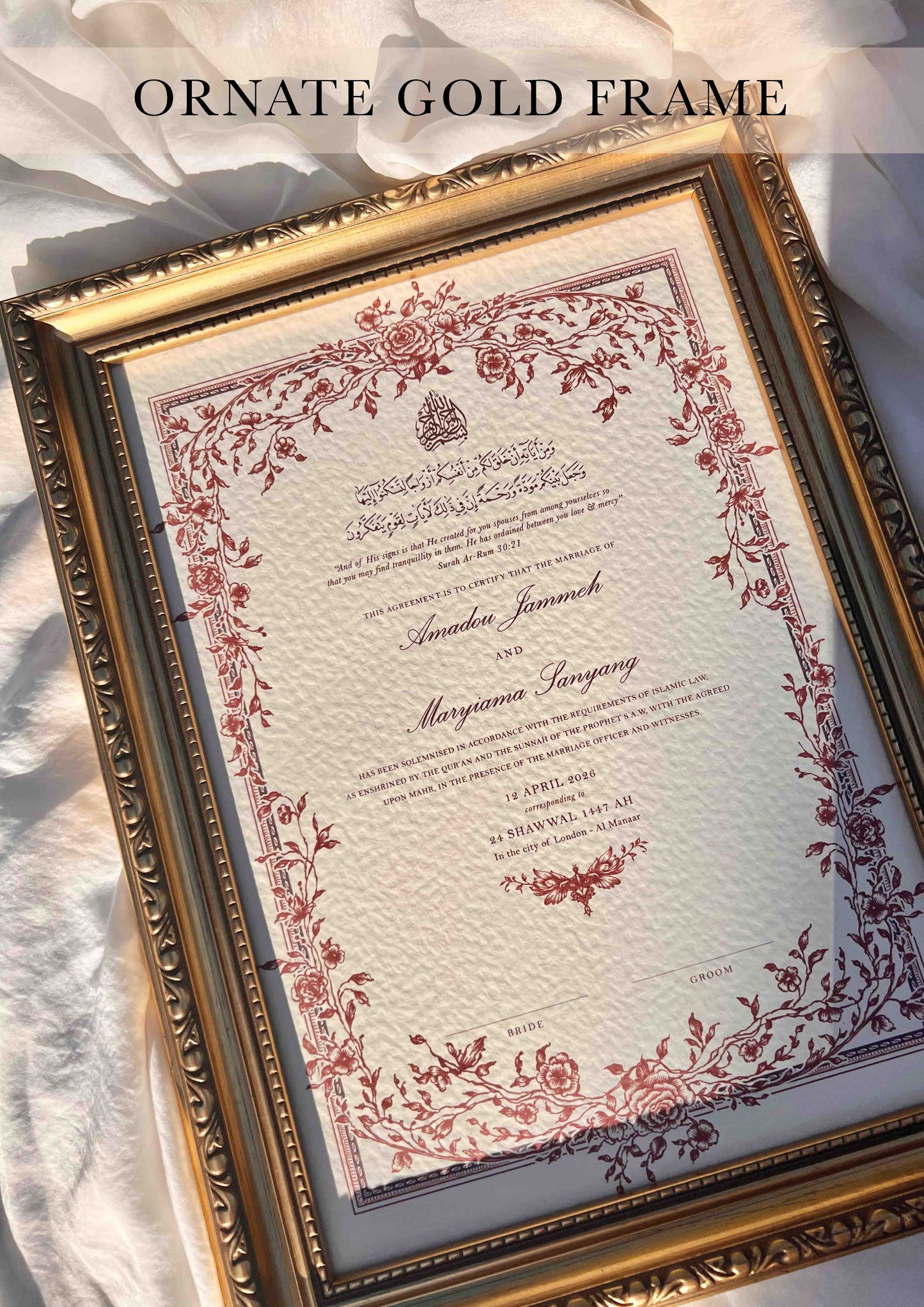 Personalised Luxury Nikkah Certificate - Mahek Maroon