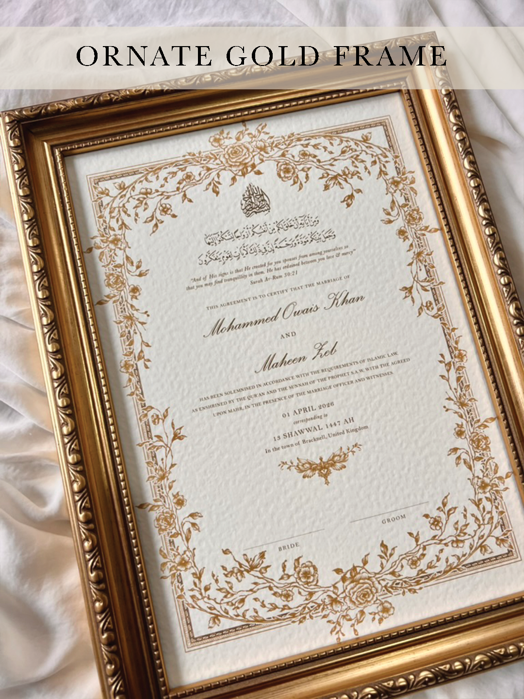 Personalised Luxury Nikkah Certificate - Mahek Gold