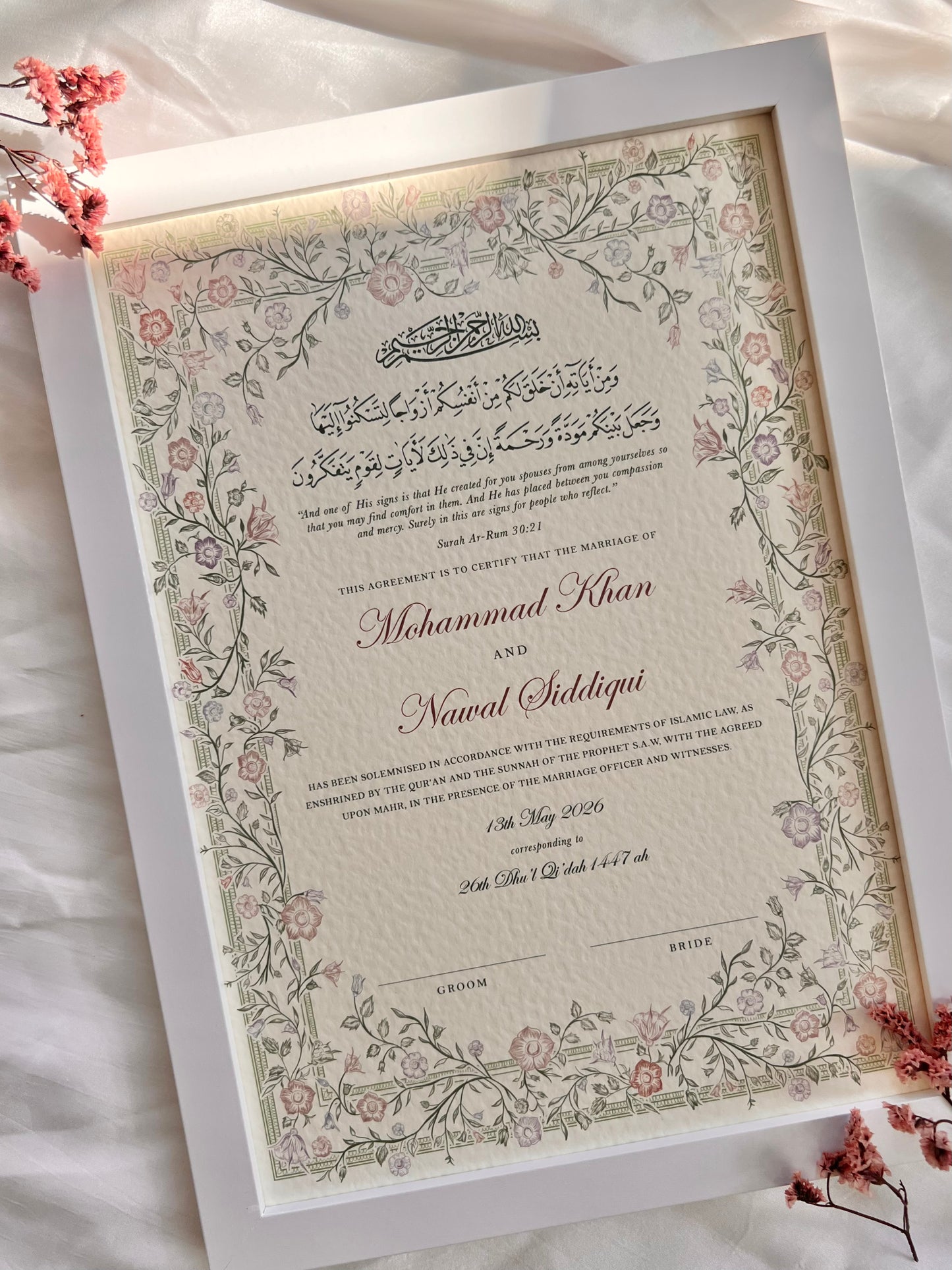 Personalised Luxury Nikkah Certificate - Farah (Pastel)