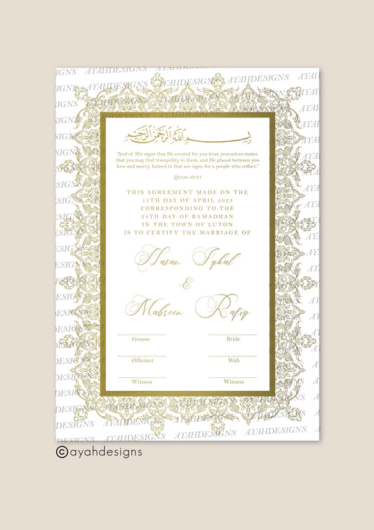 Personalised Luxury Nikkah Certificate - Aizaz (Foiled)