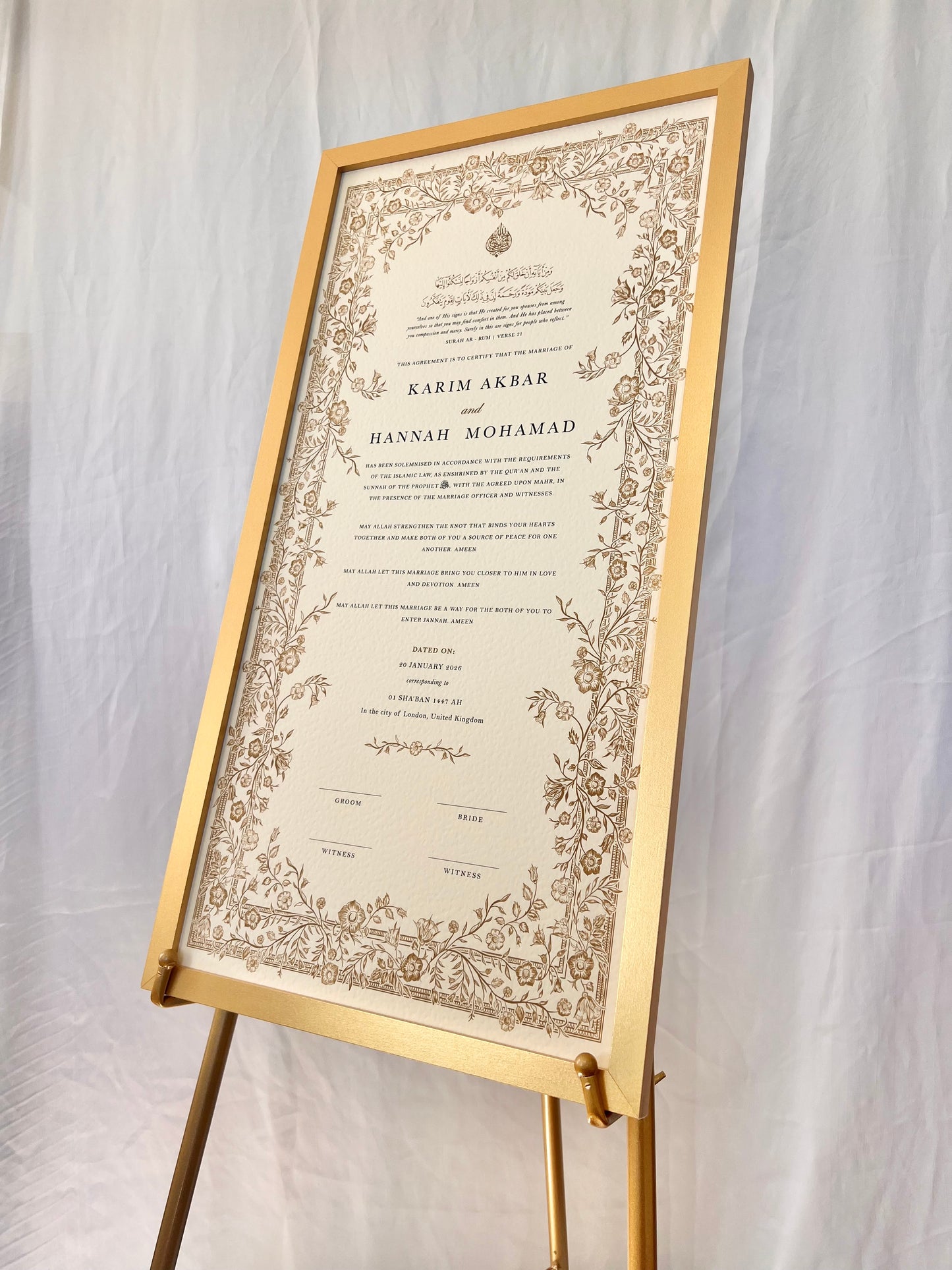 Personalised Luxury Large Nikkah Certificate - Farah (Gold)