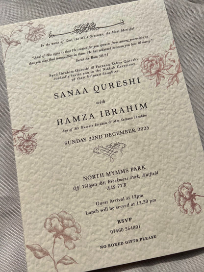 vintage Islamic wedding invitations design, floral Muslim wedding invitations, minimalist nikkah cards, floral Muslim wedding invite, traditional Arabic calligraphy invite, traditional Arabic calligraphy invitations, gold foil Muslim wedding cards