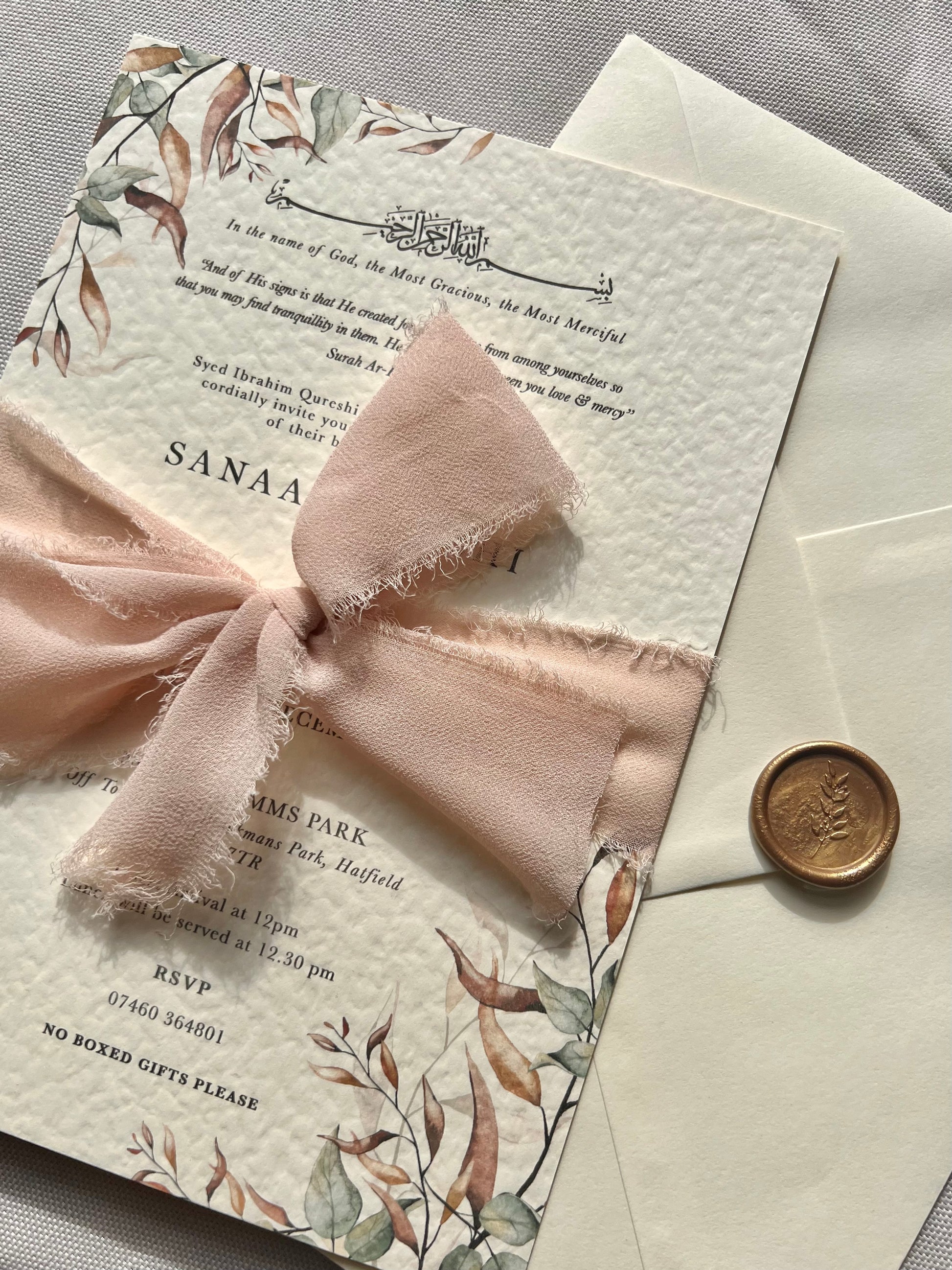 gold invite, gold calligraphy Islamic wedding invitation, floral Nikah invitation design, floral wedding invitation, personalised wedding invite, personalised wedding invitation, custom wedding, custom invitation, Walima invitation cards