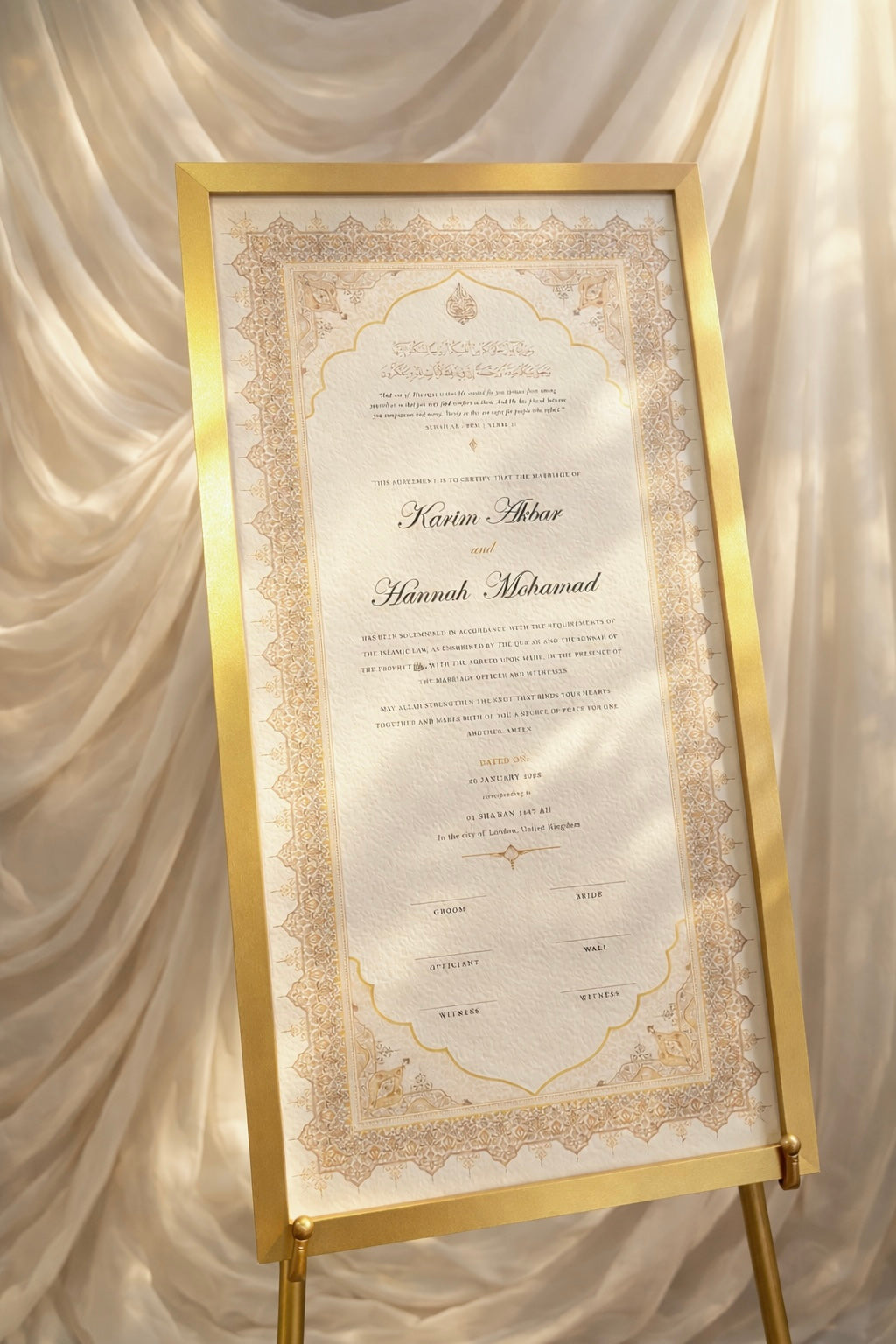 Personalised Luxury Large Nikkah Certificate - Mira (Gold)