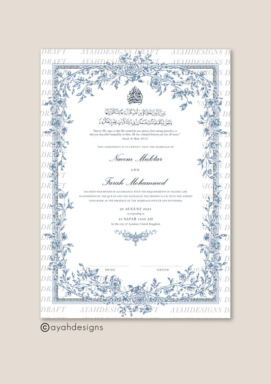 Personalised Luxury Nikkah Certificate - Mahek Blue