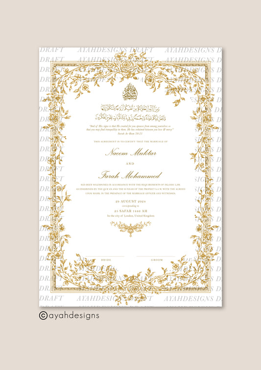 Personalised Luxury Nikkah Certificate - Mahek Gold