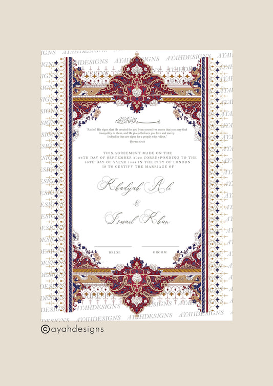 Personalised Luxury Nikkah Certificate - Sukoon (Maroon)