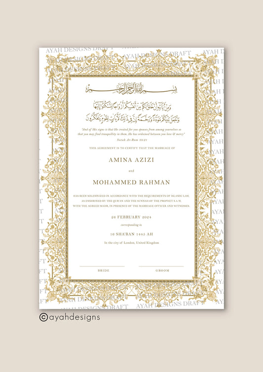 Personalised Luxury Nikkah Certificate - Sultan (Gold)