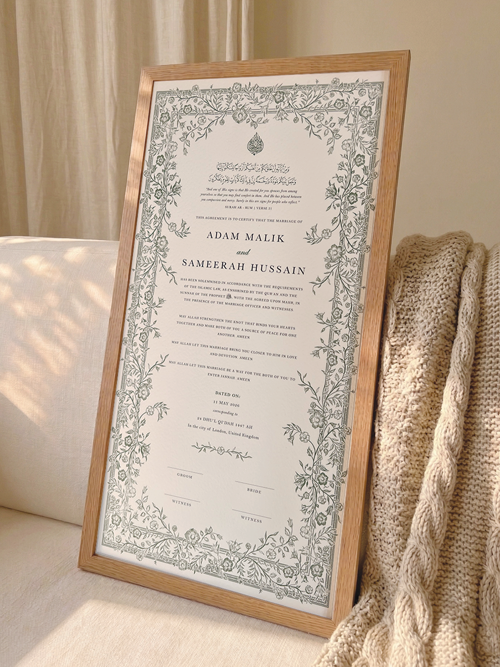 Personalised Luxury Large Nikkah Certificate - Farah (Sage)