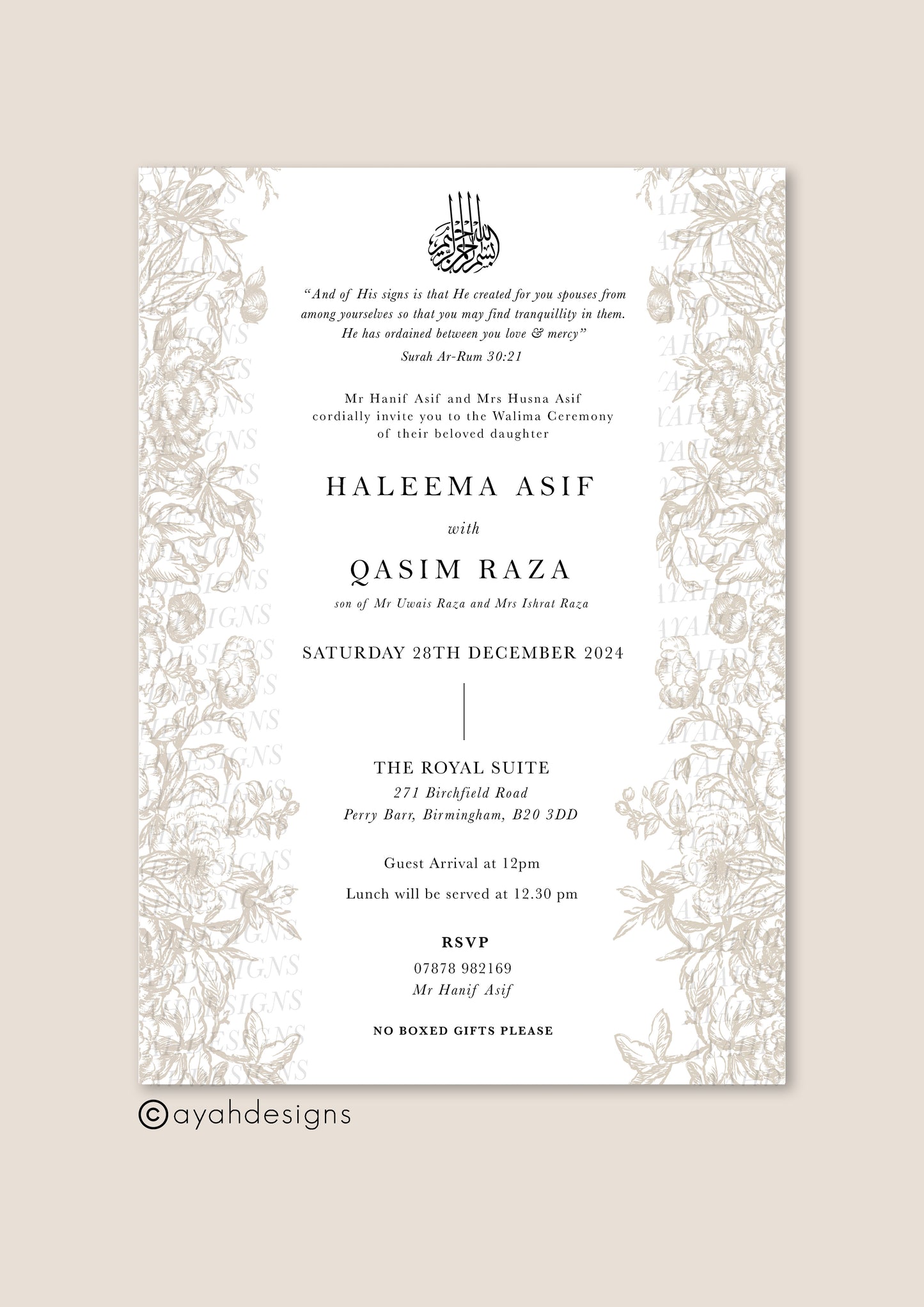 gold invite, gold calligraphy Islamic wedding invitation, floral Nikah invitation design, floral wedding invitation, personalised wedding invite, personalised wedding invitation, custom wedding, custom invitation, Walima invitation cards