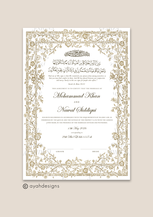 Personalised Luxury Nikkah Certificate - Farah (Bronze)