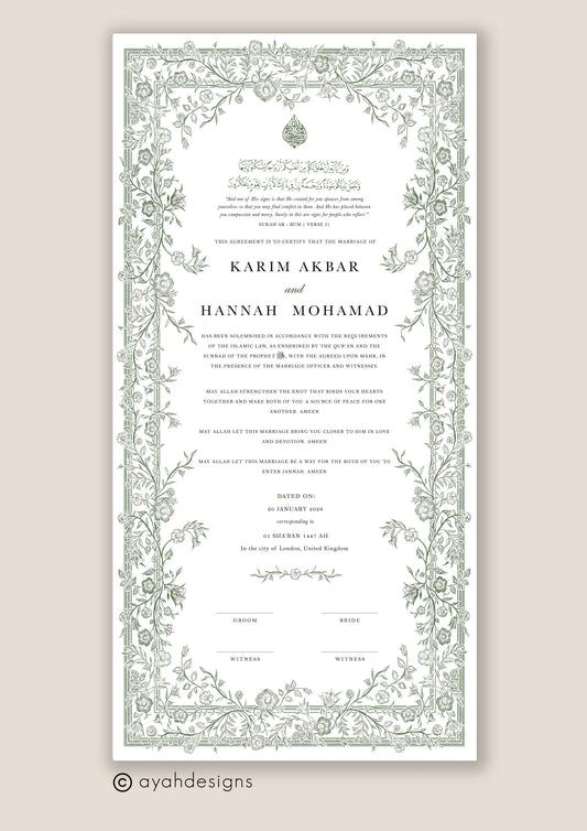 Personalised Luxury Large Nikkah Certificate - Farah (Sage)