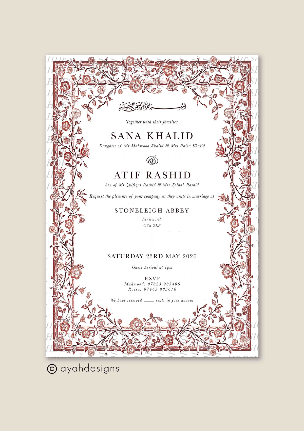 Wedding Invitation - Farah (Burgundy)