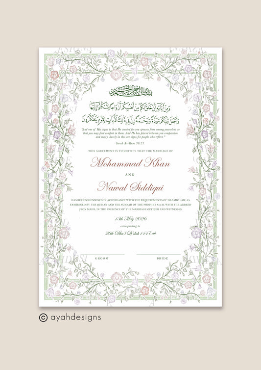 Personalised Luxury Nikkah Certificate - Farah (Pastel)